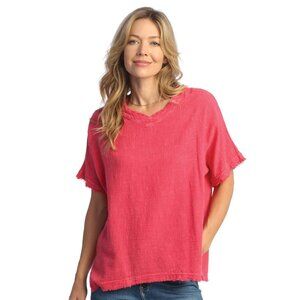 Jess & Jane Short Sleeve Mineral Washed Gauze Top Size XL Raspberry Pink Fringe